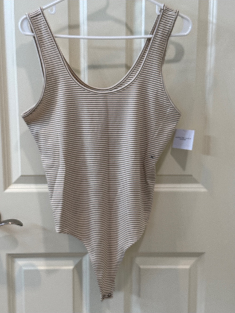 American Eagle Outfitters Beige & White Striped Ribbed Tank Bodysuit